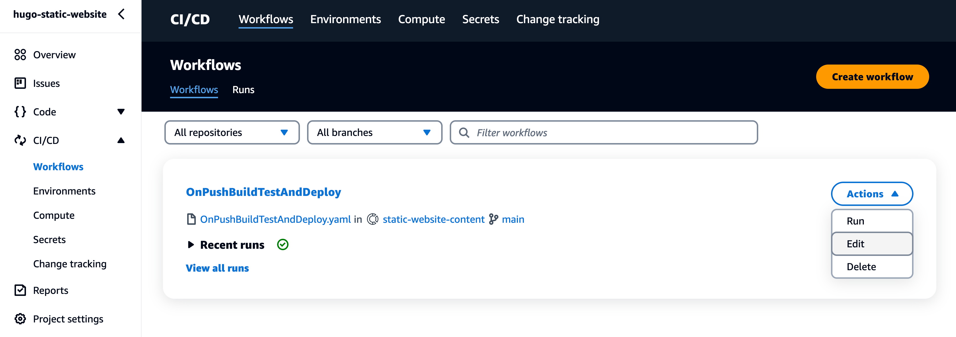 OnPushBuildTestAndDeploy workflow Actions menu.
