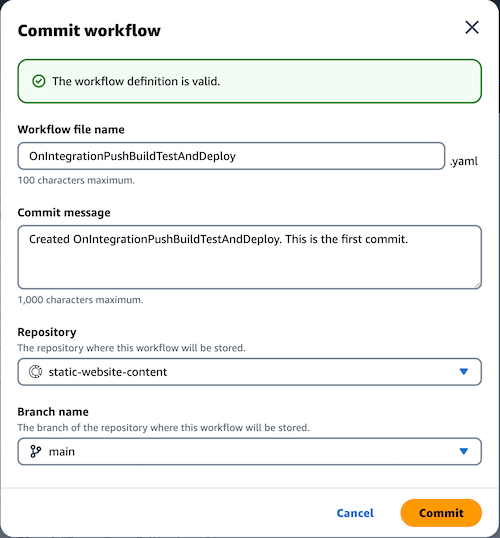 Commit workflow dialog window.