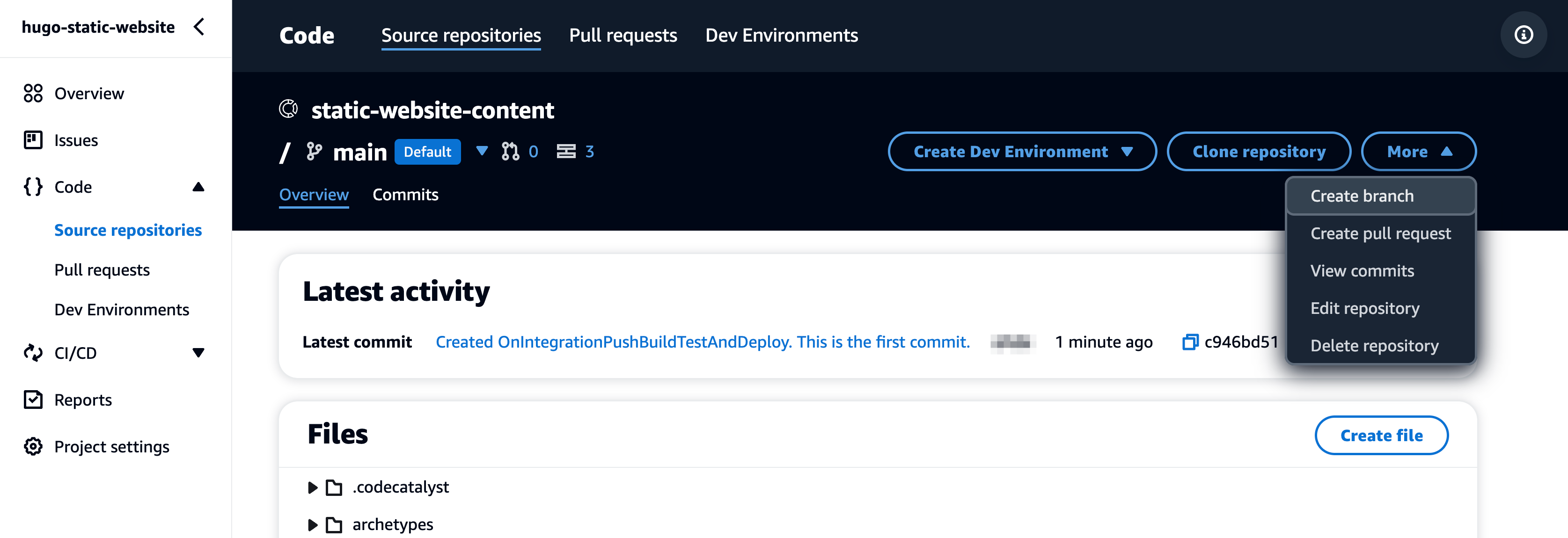 Source repository Actions menu.