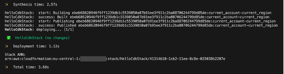 The image shows the result of running cdk deploy after importing the resource