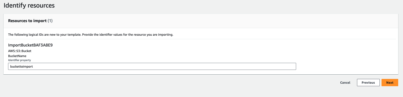 The image showsspecifying the name of the resource to import in CloudFormation Console