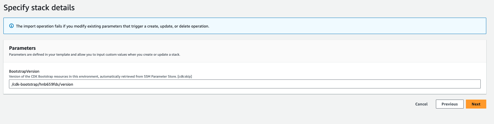 The image shows how to specify the BootstrapVersion parameter for the CloudFormation template in CloudFormation Console