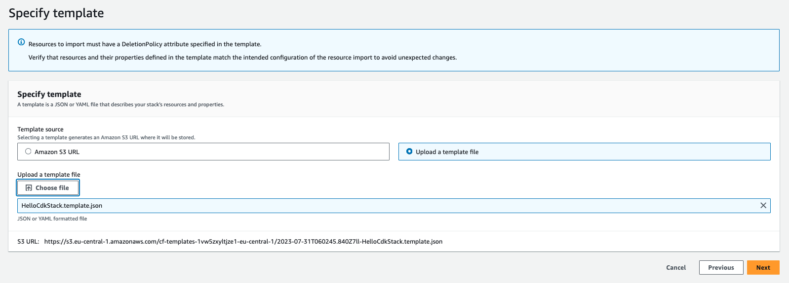 The image shows how to specify a template for resource import in CloudFormation Console