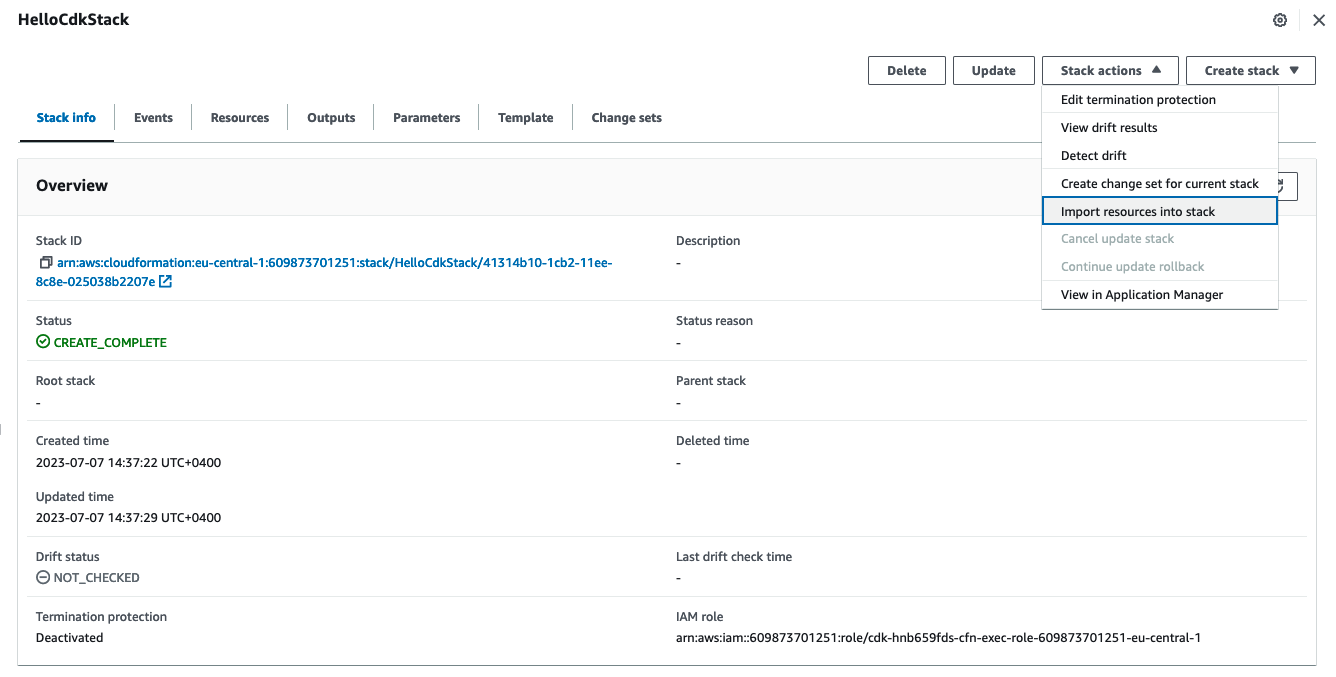 The image shows how to import resources into cloudformation stack in cfn console