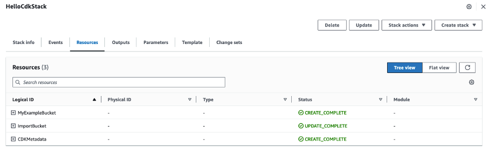 The image shows the resources after import in CloudFormation Console