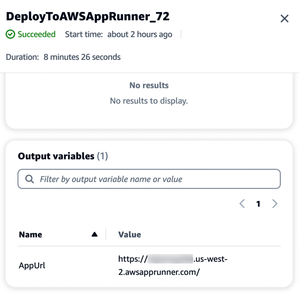 To check the App Runner domain value, click on the “Variables” tab. Under “Output variables”, copy the value of the “AppUrl"