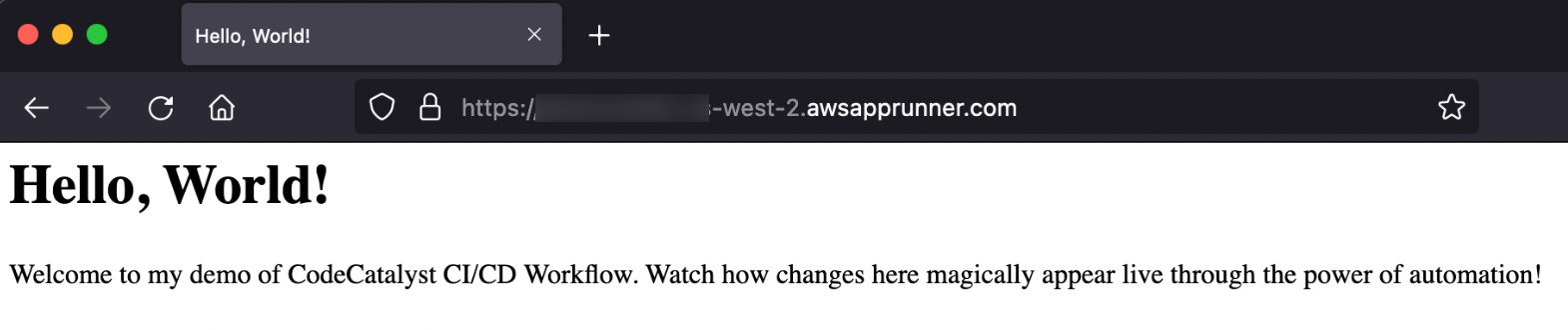 Visit the URL to verify the App Runner service is running, which shows the content of the index.html page.