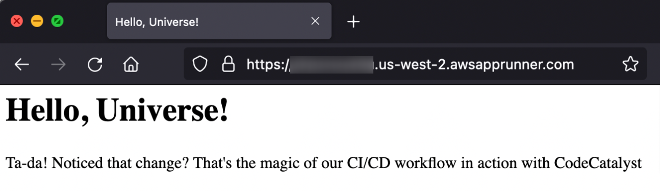 Verify the App Runner service is updated via browser, showing the updated index.html content.