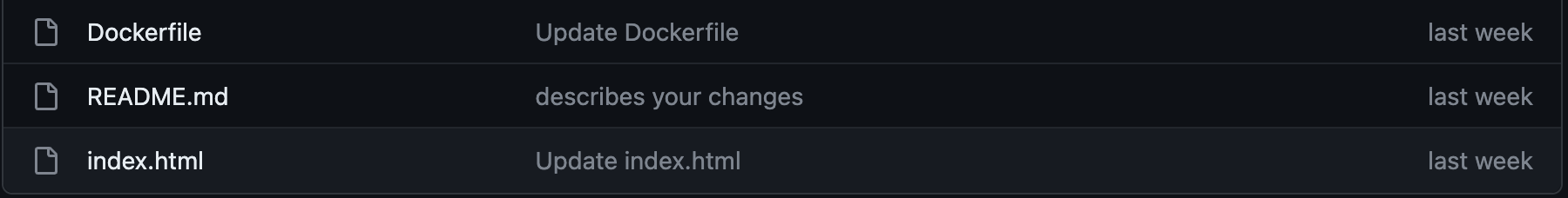 The GitHub repository consists of a Dockerfile, a README.md and an index.html file.