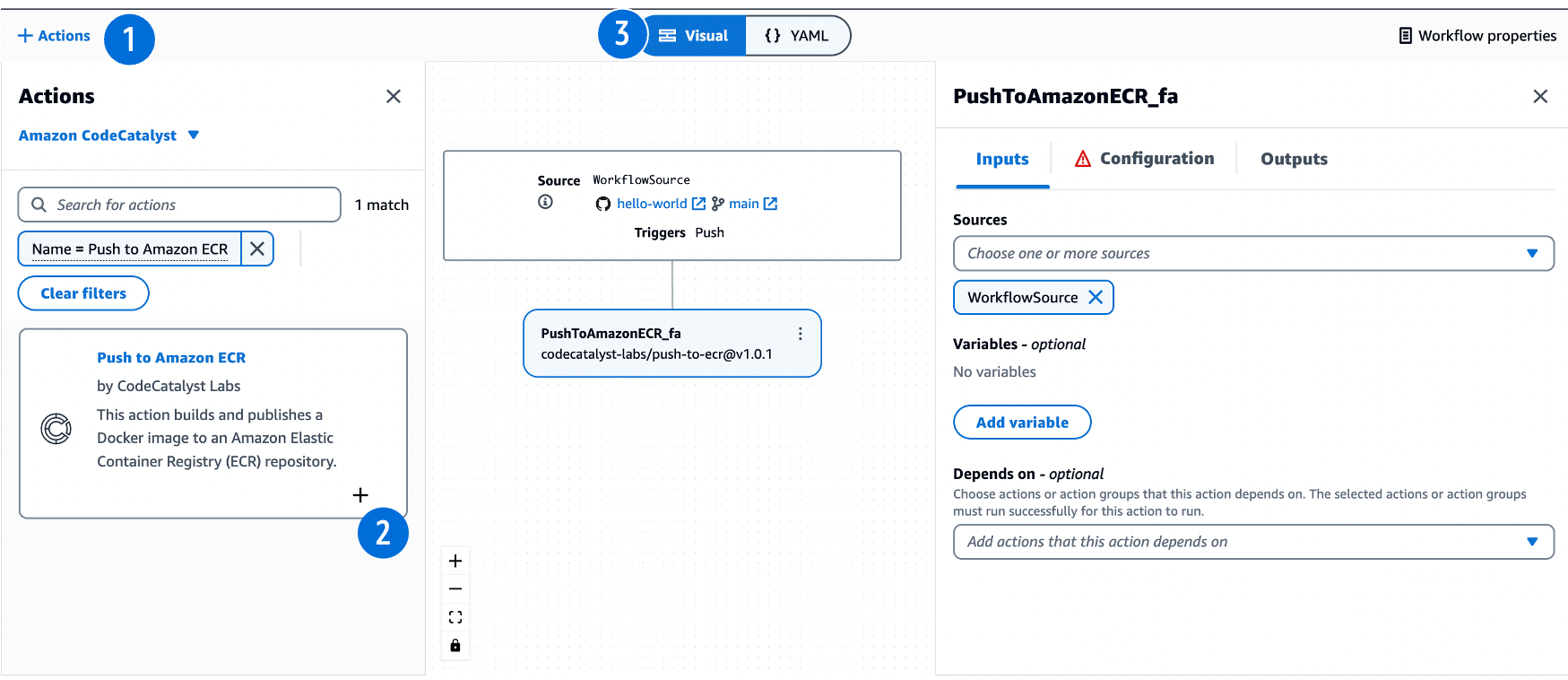 Add the “Push to Amazon ECR” action to the workflow, select Visual to open the visual designer.