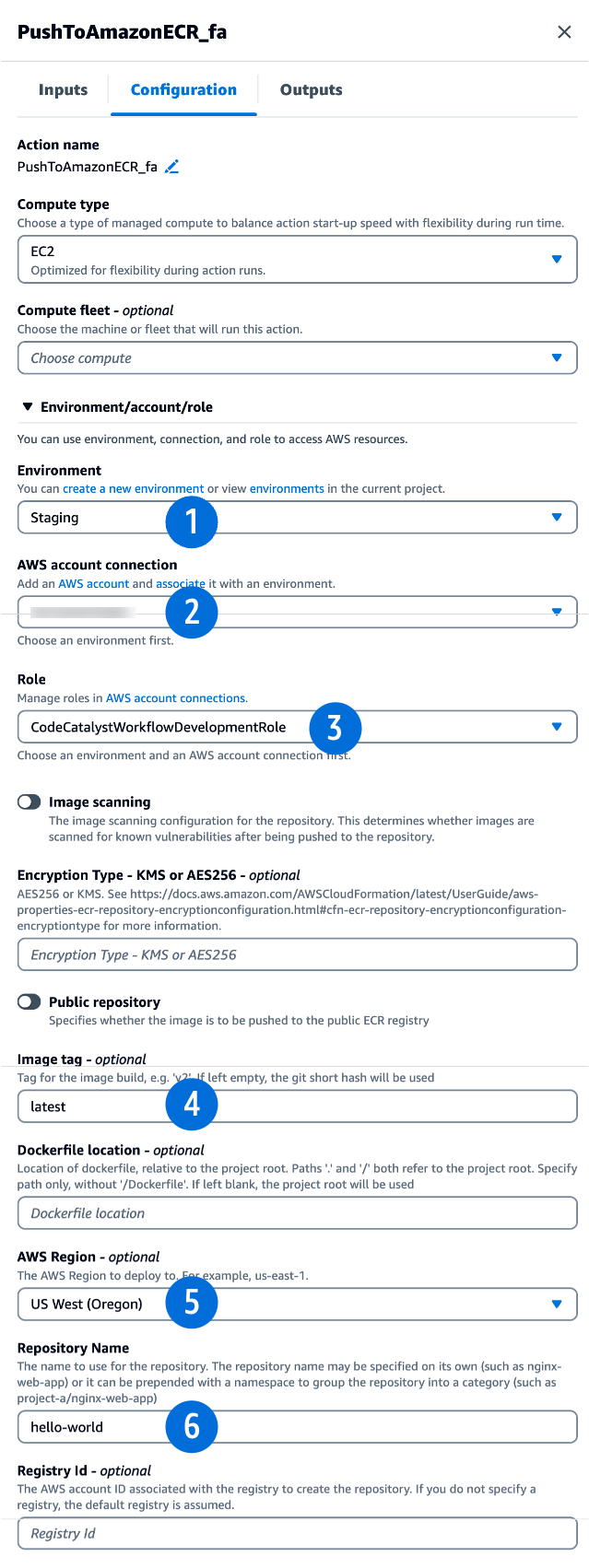 The Configuration section of the “Push to Amazon ECR” action displays the values used in configuring the action.