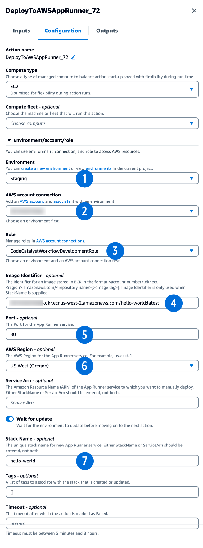 The Configuration section of the “Push to Amazon ECR” action displays the values used in configuring the action.
