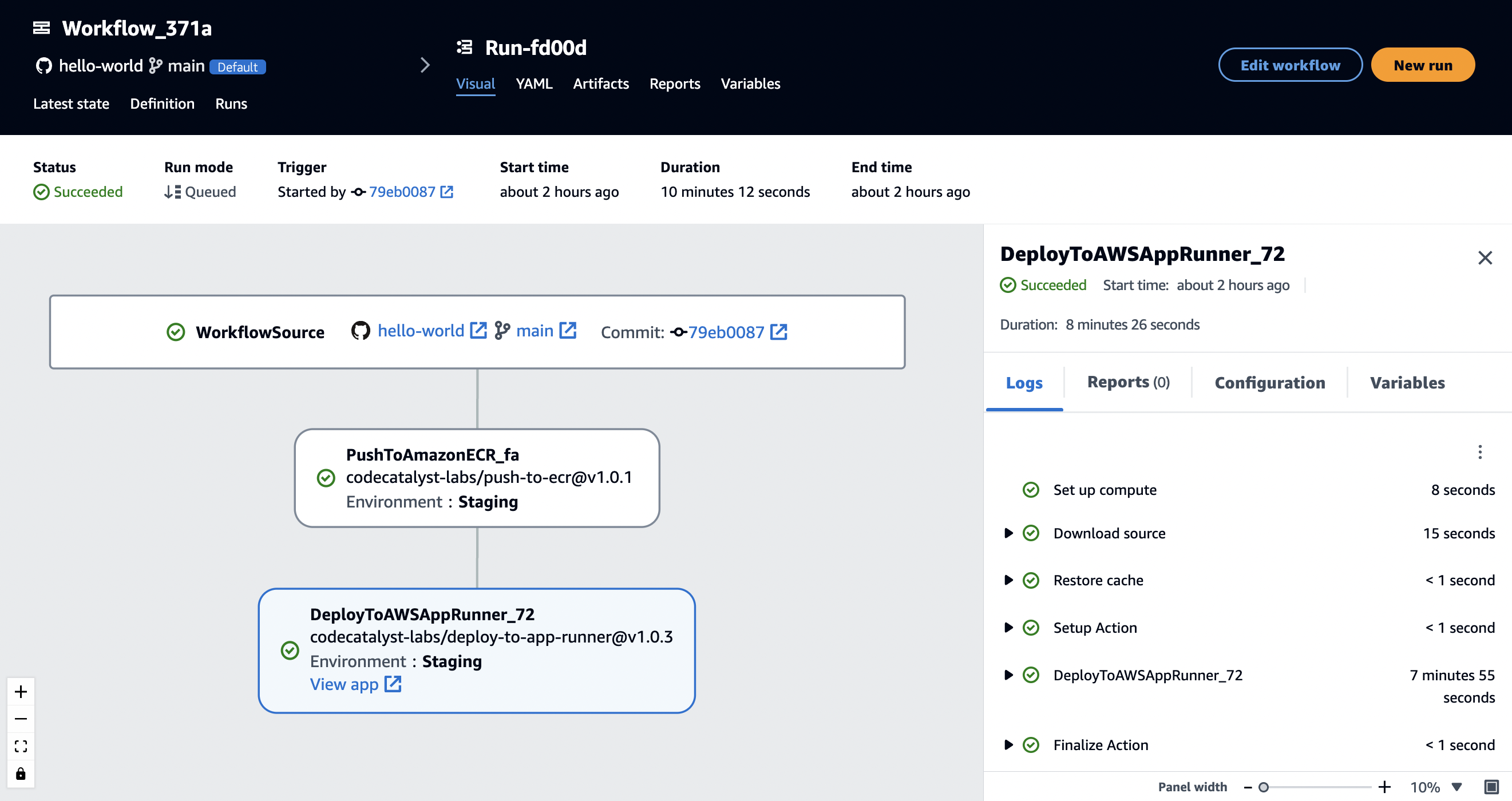 The workflow runs automatically on commit, CodeCatalyst builds the container image of the application, pushes the image to ECR, and deploys the application to AWS App Runner.