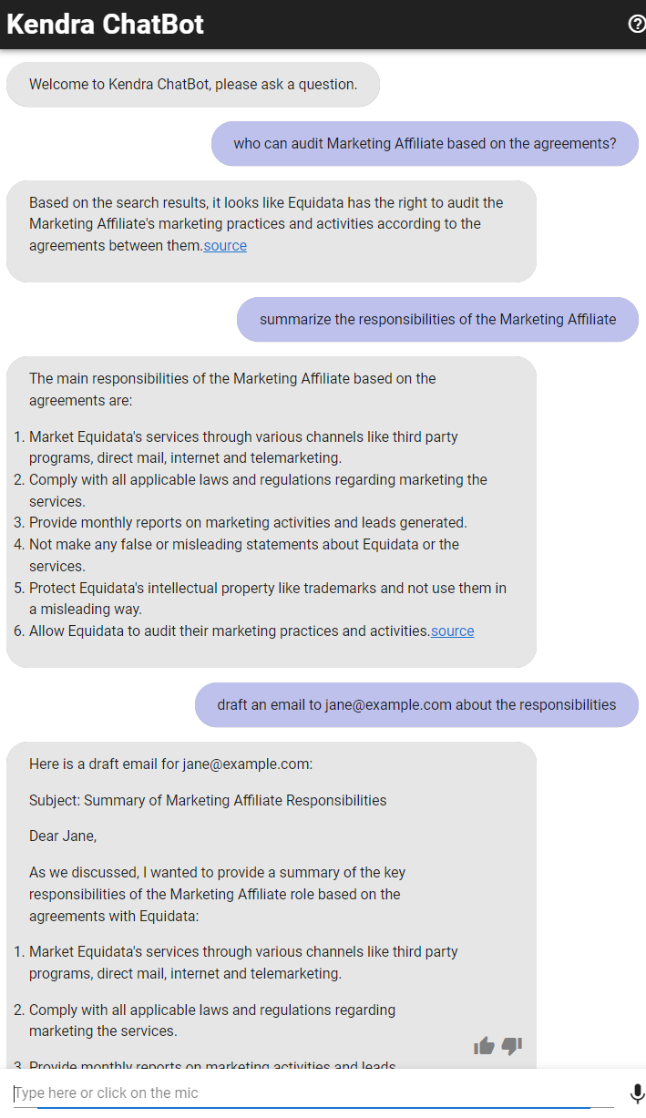 Screenshot mit einer beispielhaften Unterhaltung zwischen Benutzer und Chatbot