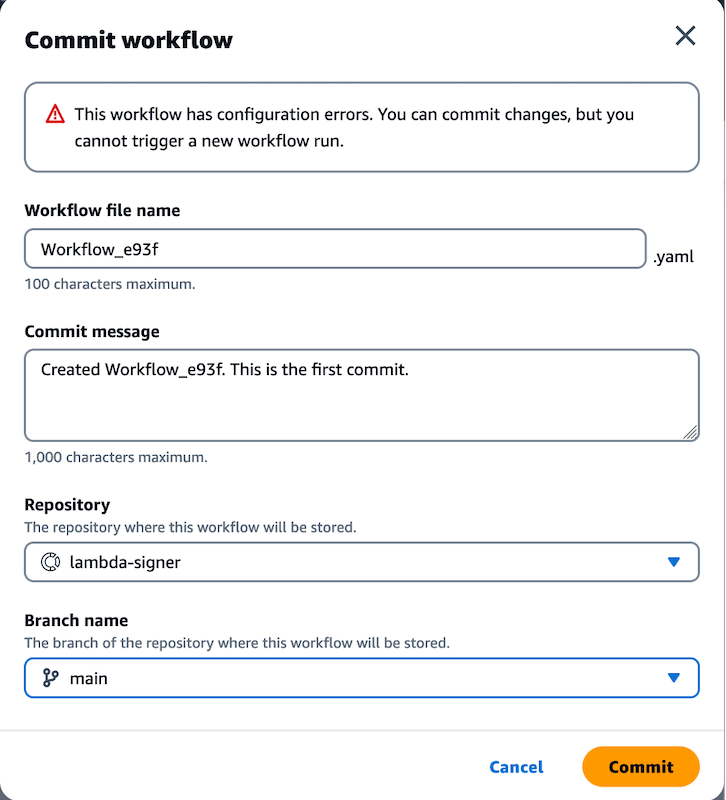In Commit workflow page, we can add the workflow file name, commit message. Repository name and Branch name can be selected from the drop-down option.