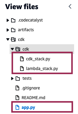 Shows the cdk directory structure. Inside this directory, there is a file called app.py. Also there is a subdirectory called cdk. Inside this subdirectory, there are 2 files named cdk_stack.py and lambda_stack.py. 