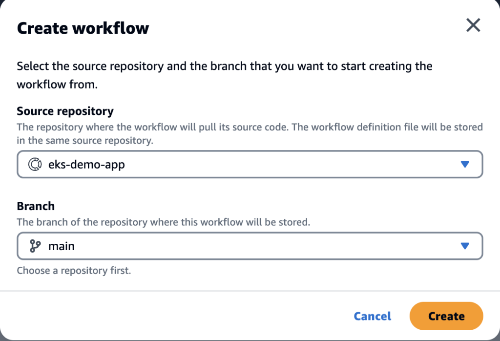 Image shows how to create workflow which has Source repository and Branch to be selected from drop down option