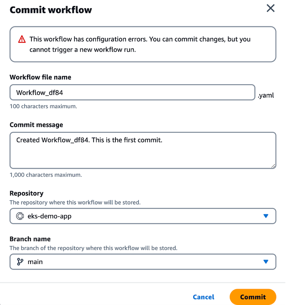 Image shows how to create a Dev environment. User need to provide a workflow name, commit message along with Repository name and Branch name. 