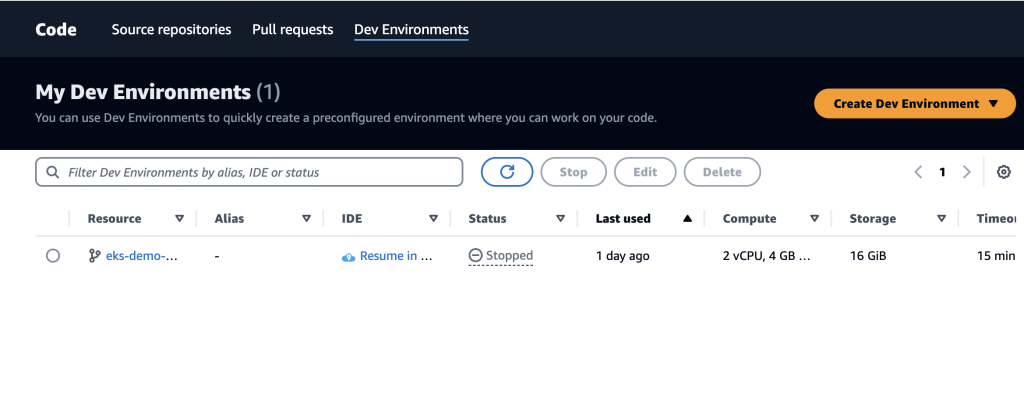 Image shows how a Dev environment looks like. The environment we created in the previous step, will be listed here. 