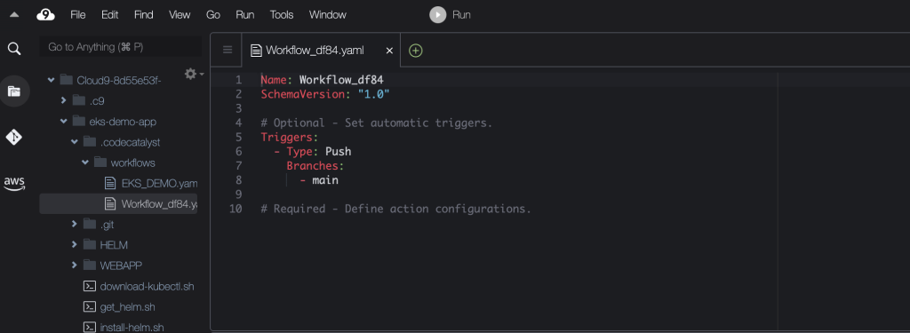 Image shows empty workflow yaml file. 
