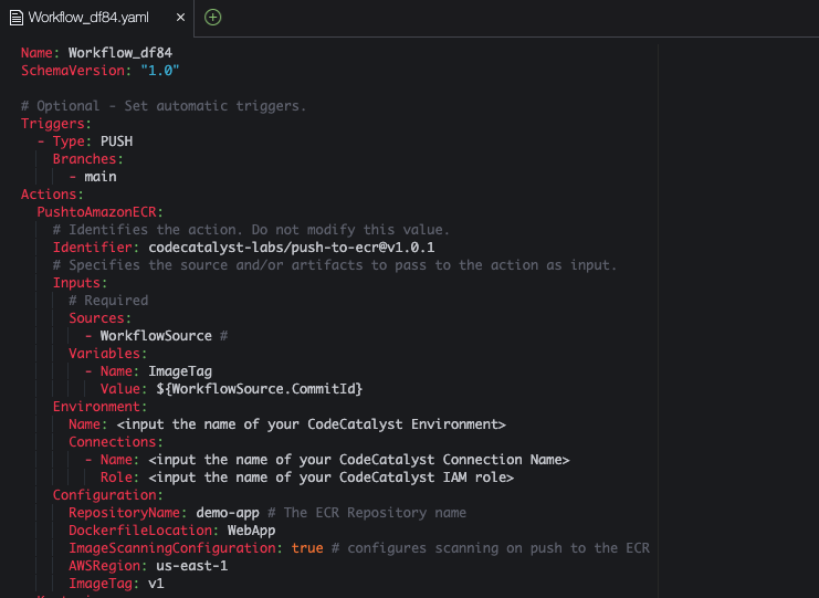 The image shows updated workflow file which has triggers and actions filled. 
