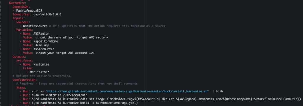The image shows Kustomize steps added in the workflow file. 