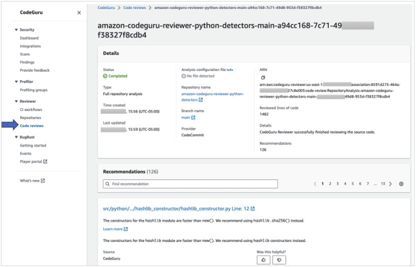 Amazon CodeGuru reviewer