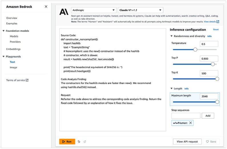 A Prompt in the Amazon Bedrock Playground Console