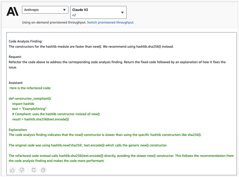 A Prompt Response (or completion) in the Amazon Bedrock Playground Console