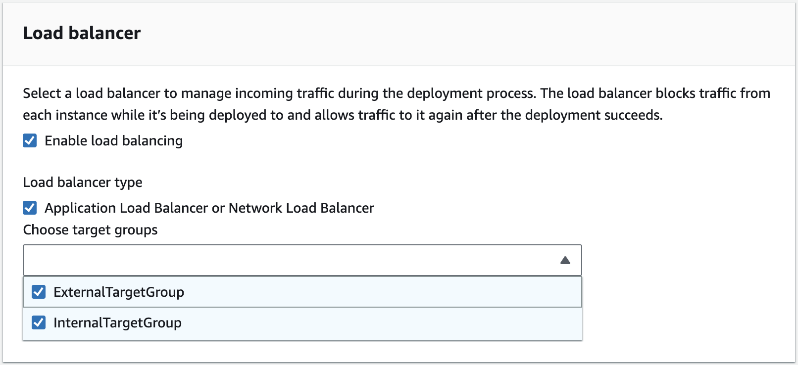 CodeDeploy configuration showing two load balancers selected