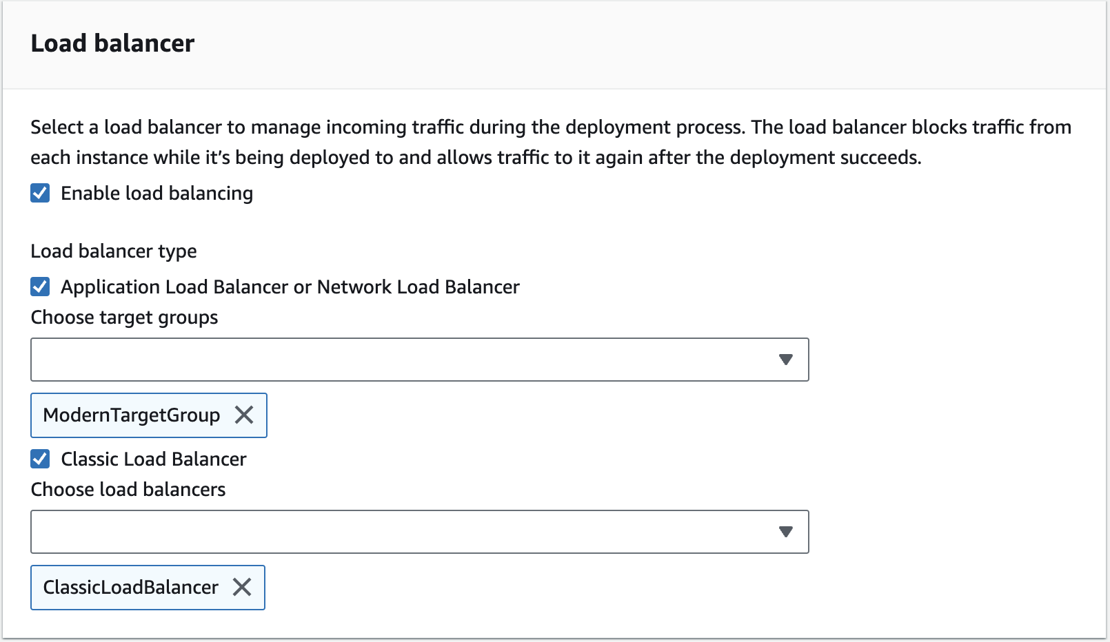 CodeDeploy configuration showing a both a classic load balancer and target group selected