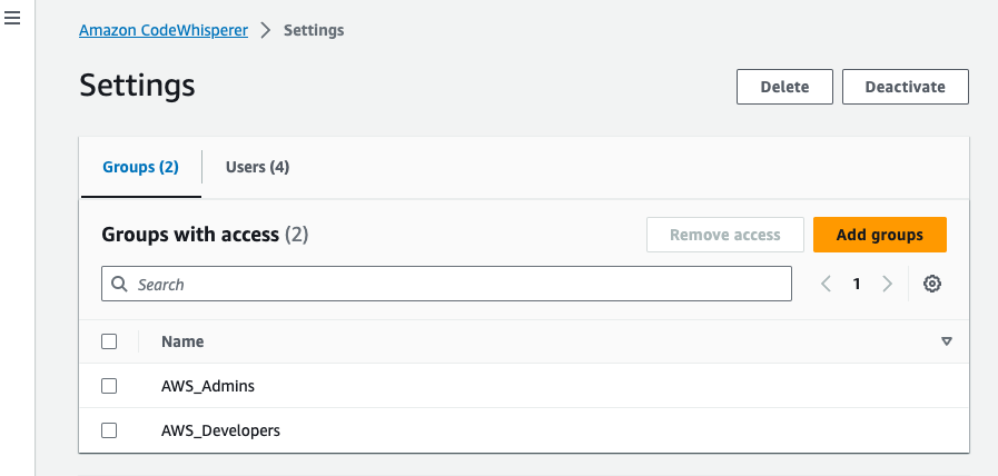 CodeWhisperer Settings page displays option to add groups with access.
