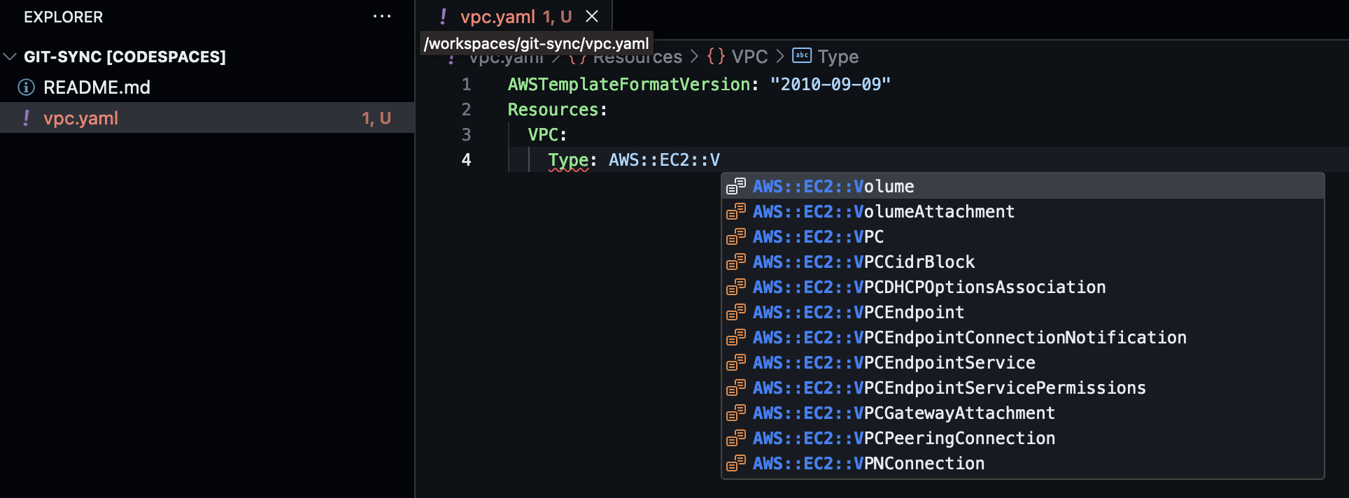 Linter recommending autocompletion for AWS::EC2::VPC