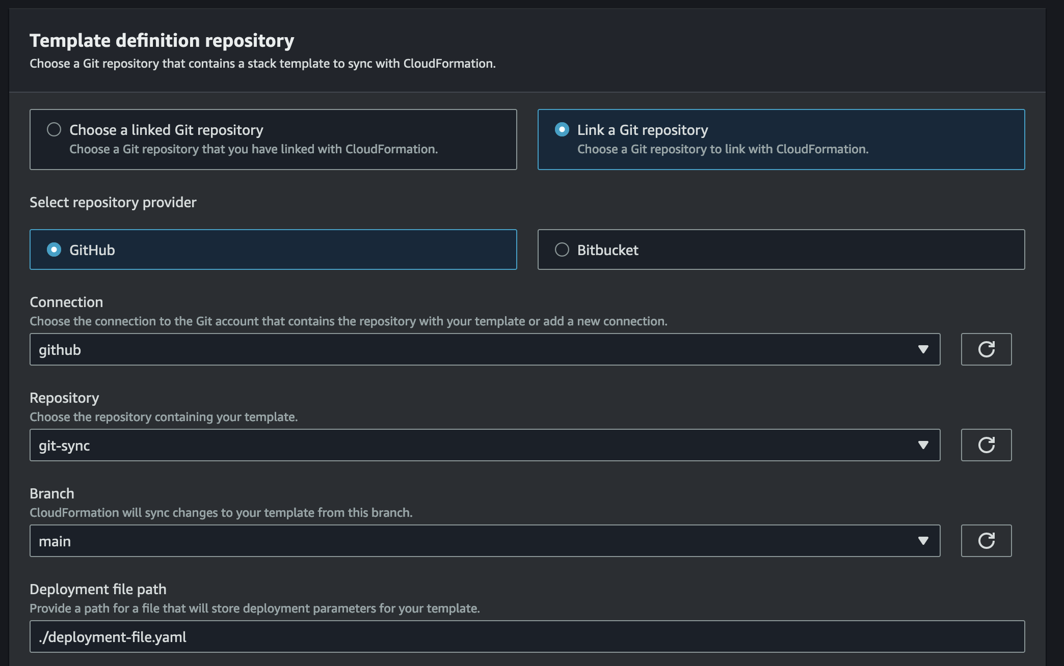 Git sync configuration with CodeStar connection selected, repository set to "Git sync" and branch of "main" selected