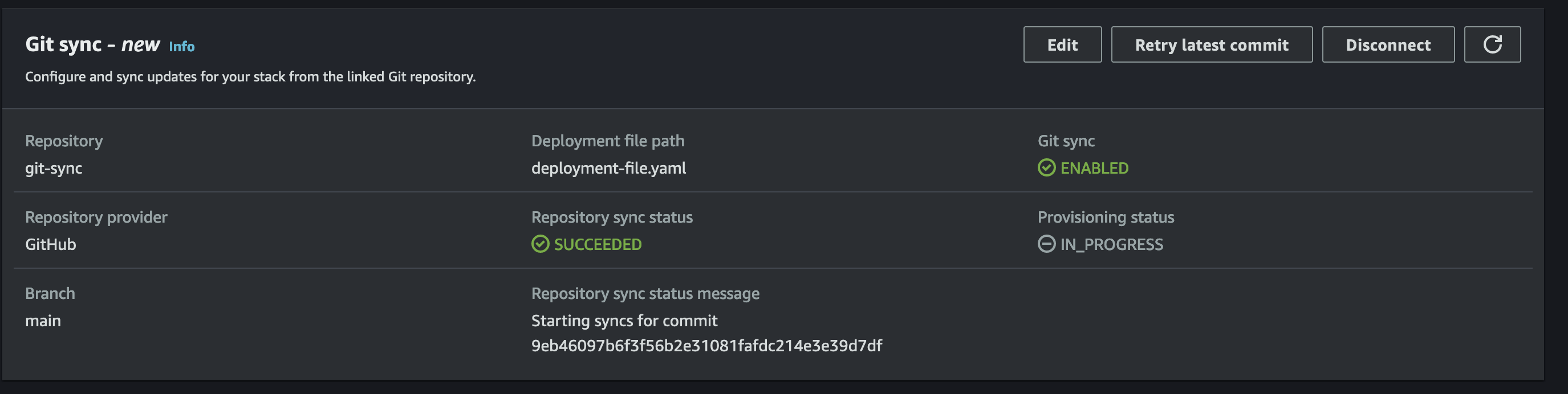 Git sync configuration data indicting repository, provider, branch, deployment file path, and Git sync status