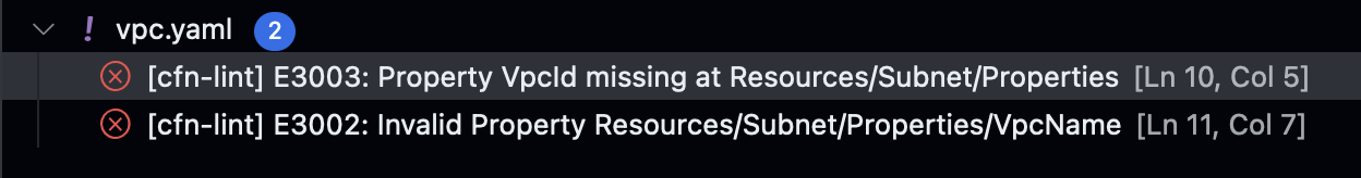 CloudFormation Linter GitHub Action indicating errors and line numbers