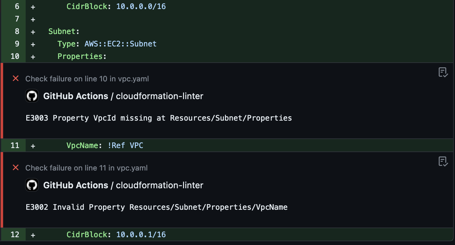 CloudFormation Linter GitHub Action indicating errors and line numbers