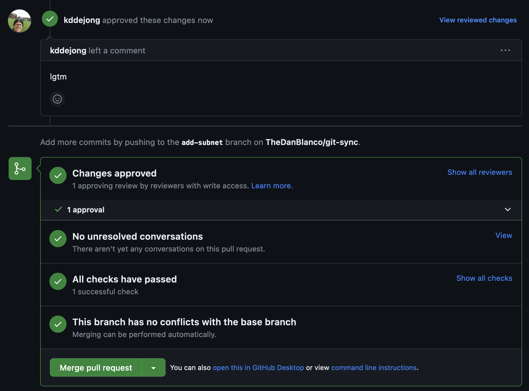 Approval from reviewer and passing checks enabling a merge