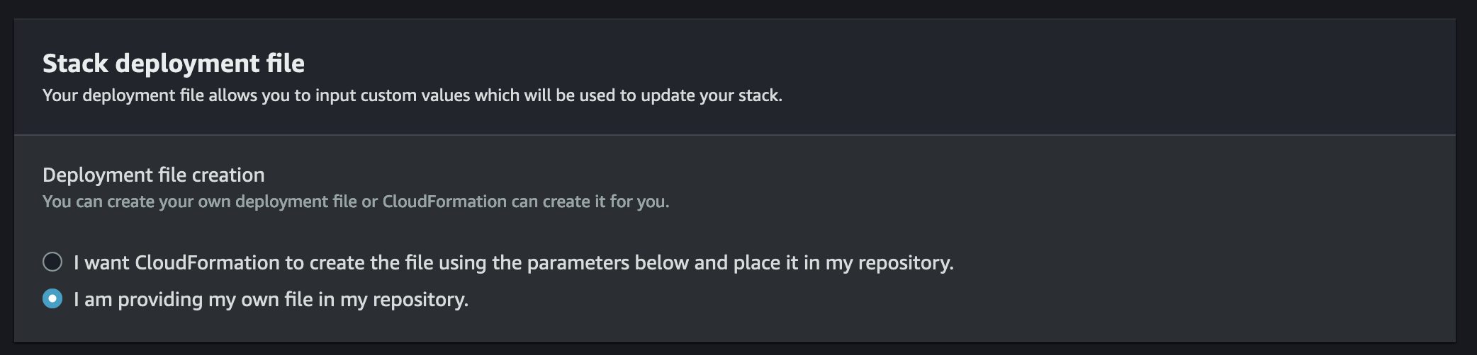 Stack Deployments File section with "I am providing my own file in my repository" selected