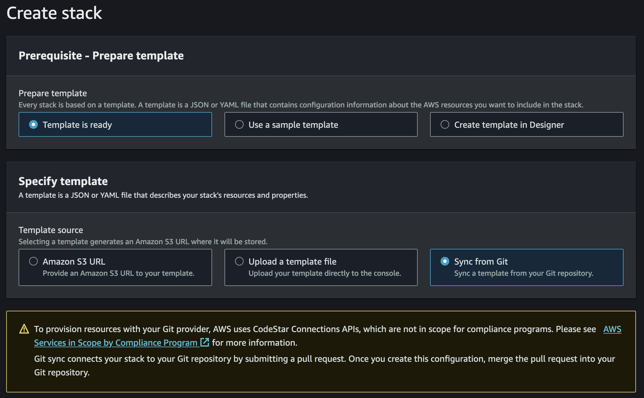 Template source section with sync from Git option selected