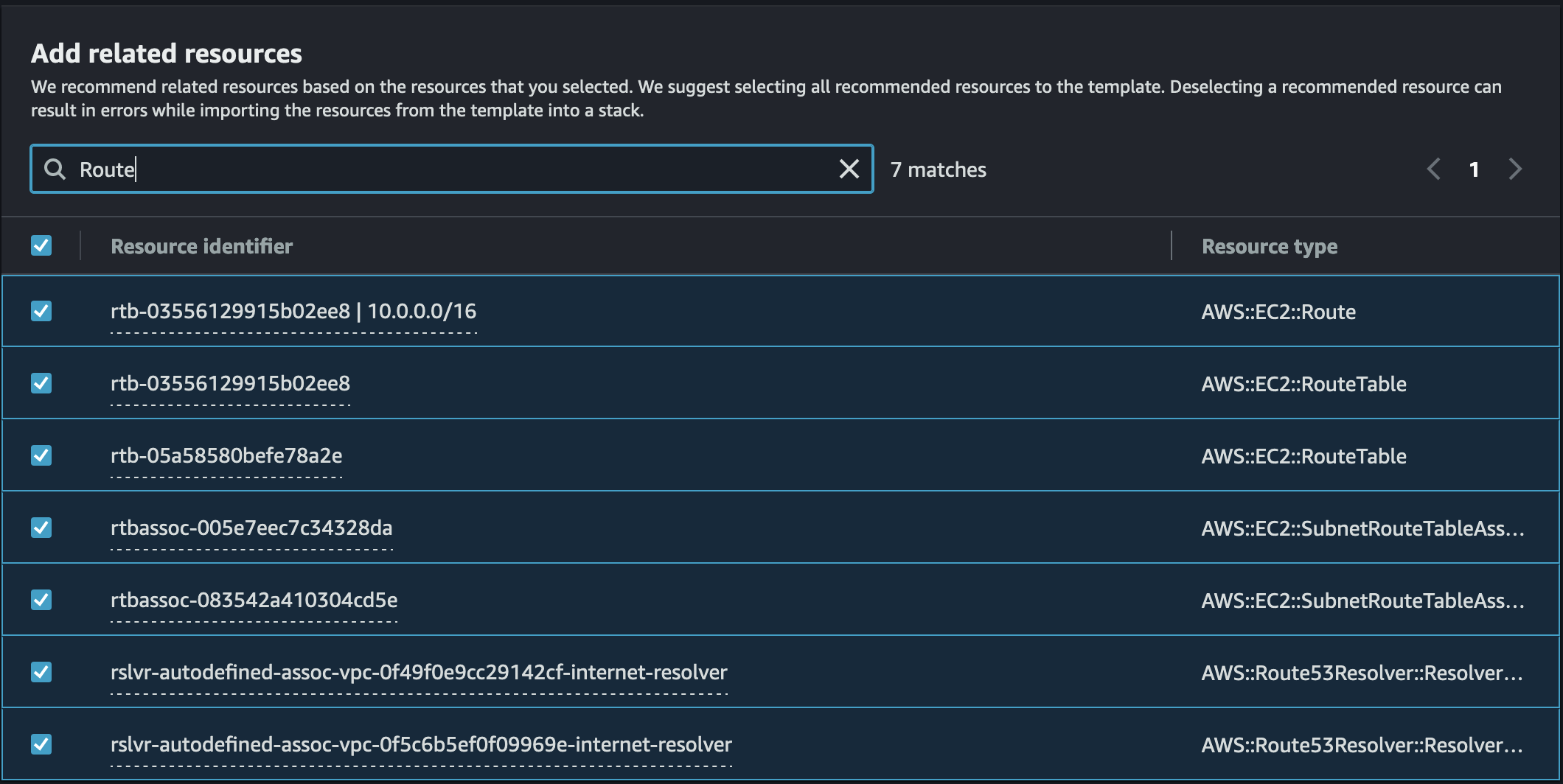A list of related resources, all selected