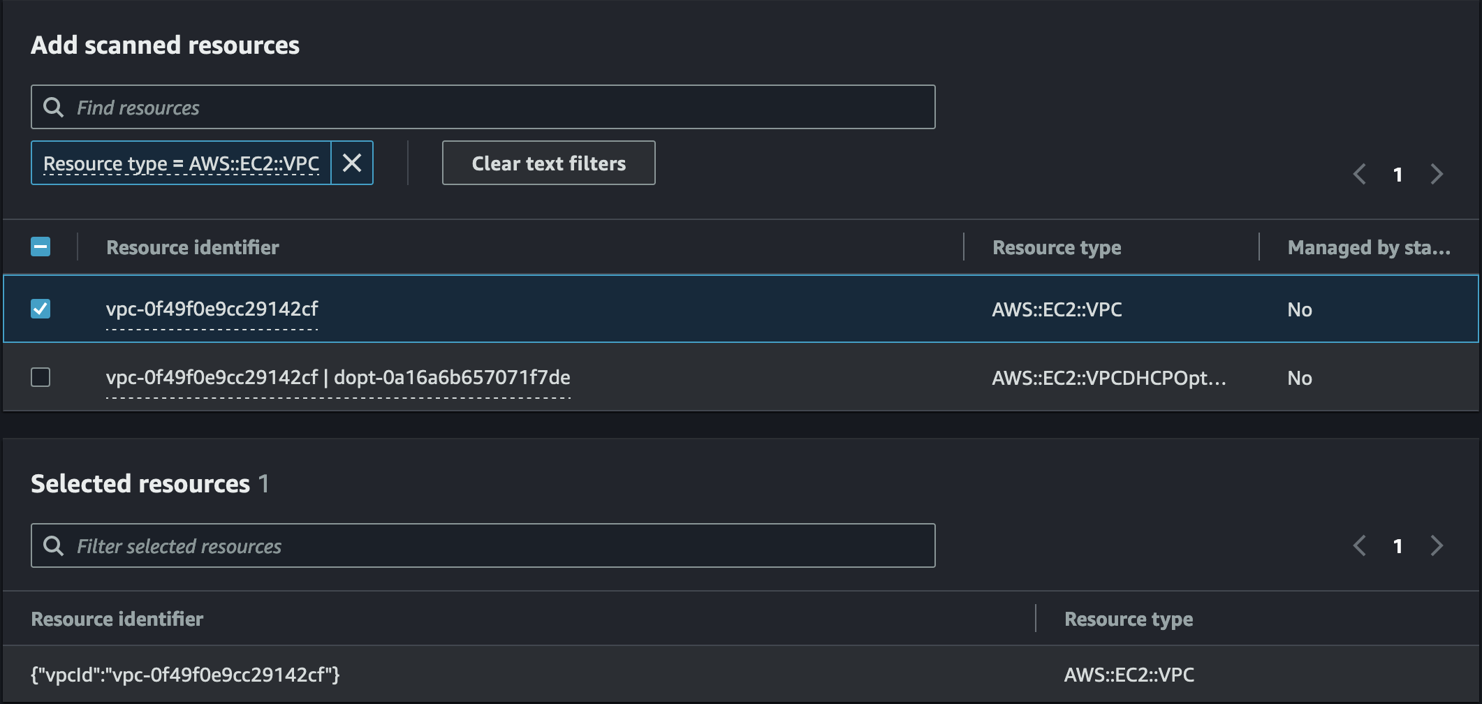 A VPC selected in the scanned resources list]