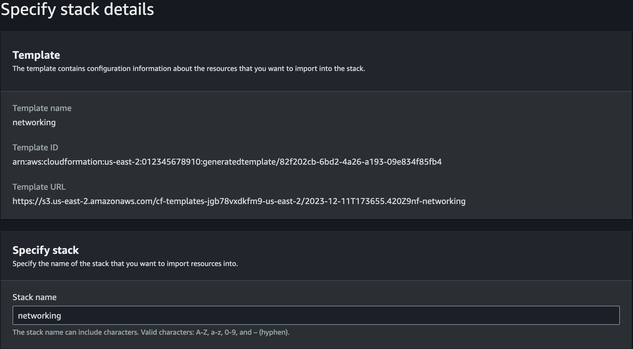 The specify stack details page, with a stack name of "networking" entered