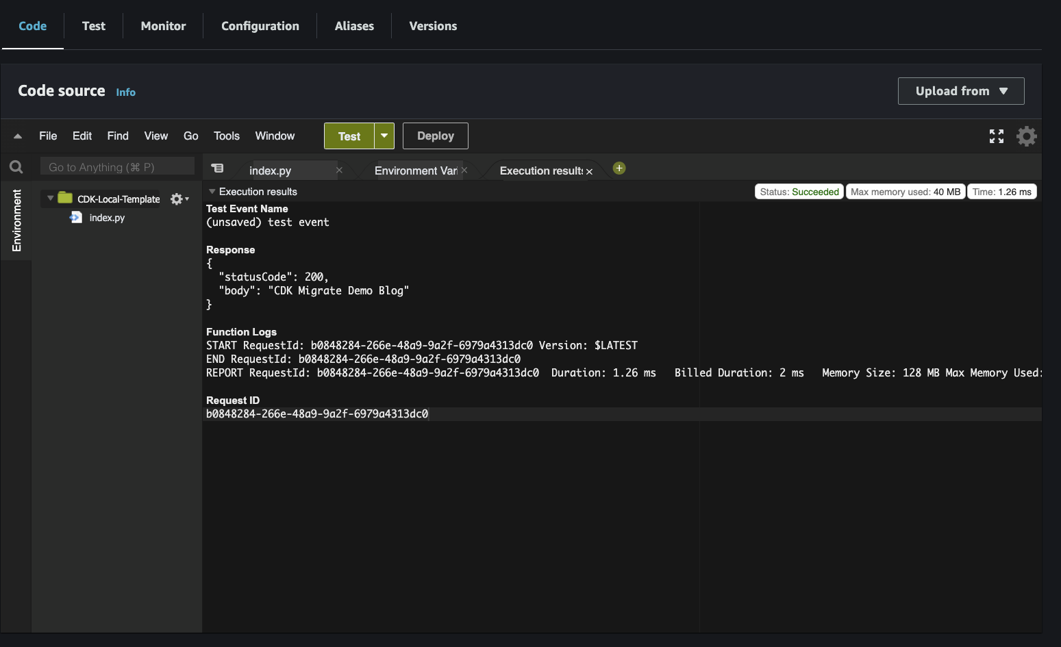 Lambda test execution output