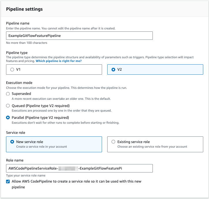 Example GitFlow feature pipeline settings for Queued execution mode.