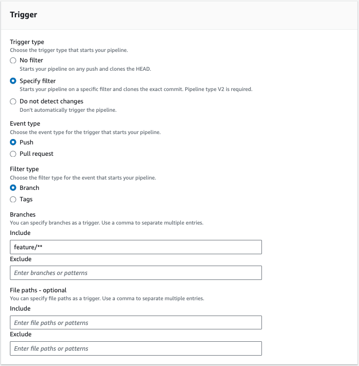 Example GitFlow feature pipeline for push event type and branch filters.