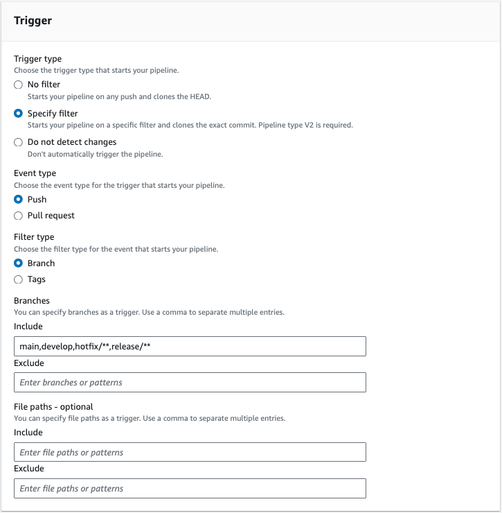 Example GitFlow release pipeline for push event type and branch filters.