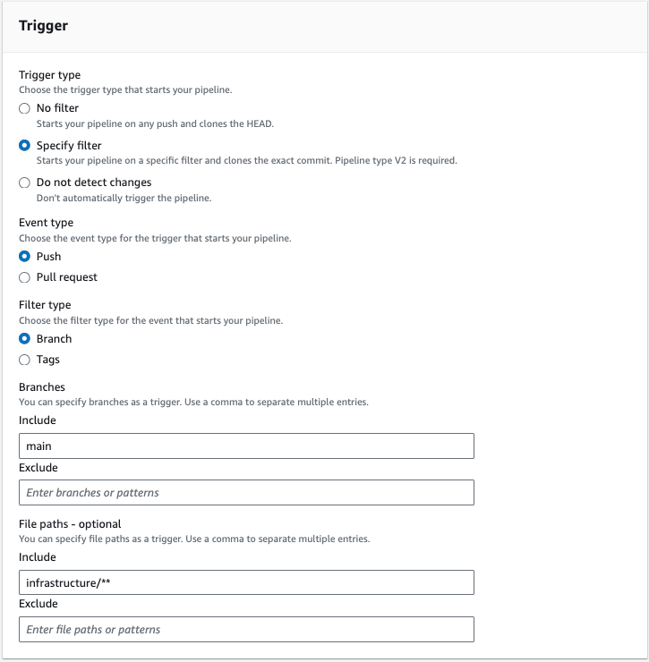 Example monorepo pipeline for push event type and file path filters.