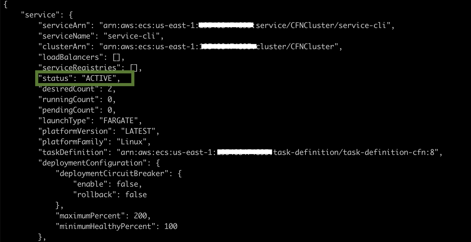 Snapshot of the ECS service API call's response
