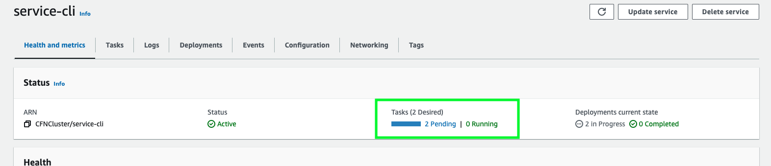 ECS tasks status in the AWS console 